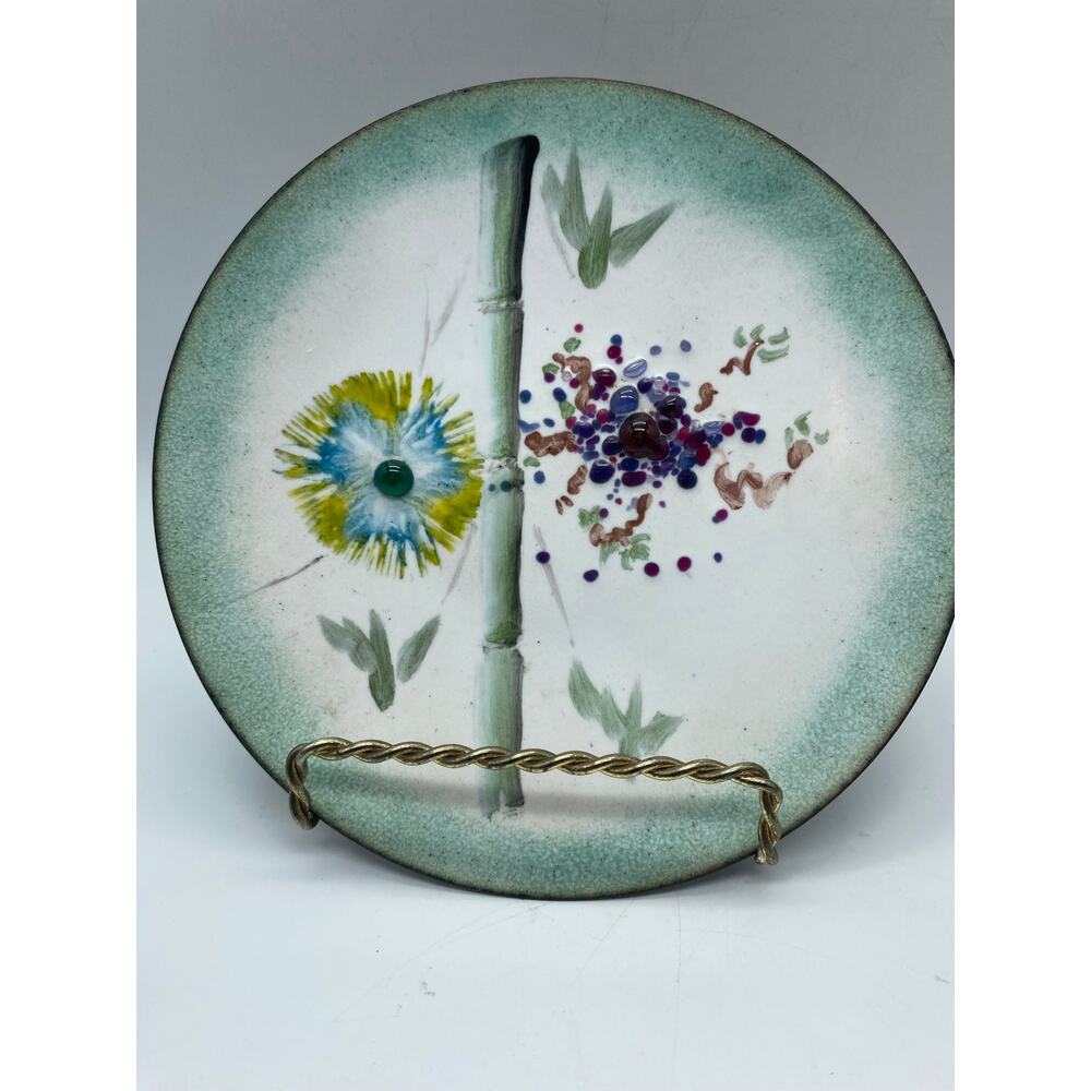 Vintage Enamel on Copper Plate Organic Design Mid Century Bamboo Floral.
